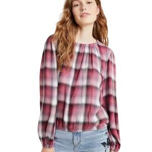 Anthropologie Cloth & Stone Glacier Plaid Cropped Blouson Flannel Top - XS
